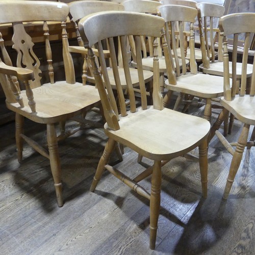 478 - A Vintage Harlequin Set of eight Kitchen Chairs, including two carvers, stick backs, (carver) W 57.5... 