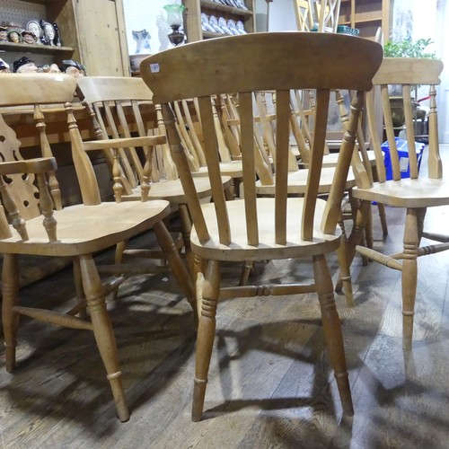 478 - A Vintage Harlequin Set of eight Kitchen Chairs, including two carvers, stick backs, (carver) W 57.5... 