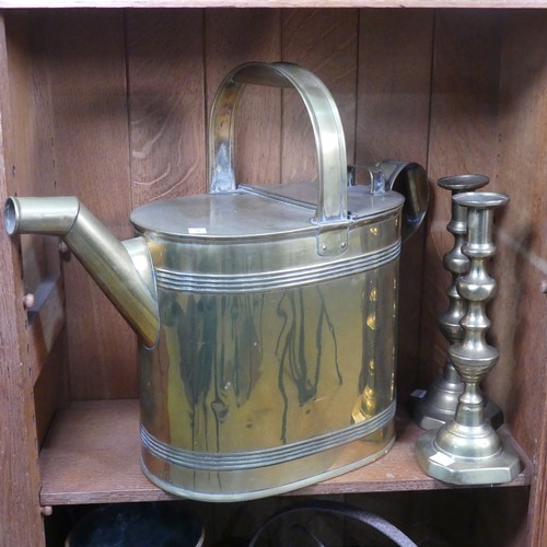 421 - A large 19thC brass Watering Can, with lined inside, together with two heavy copper Jam Pans, a pair... 