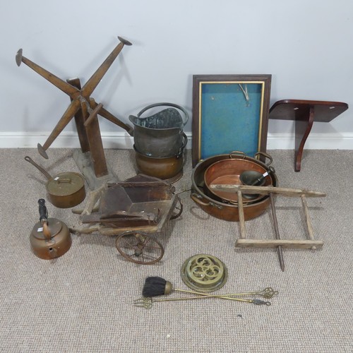 456 - An Antique wooden wool Winder, together with a small cart, copper items, pestle and mortar, etc(a lo... 