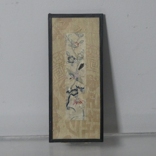 116 - A rectangular fragment of an antique embroidered Chinese Gown, 45.5cm x 23cm, framed, together with ... 