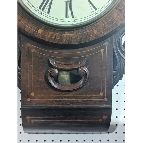 236 - A drop-dial mahogany wall Clock, with decorative inlay, W 42 cm x H 68 cm.