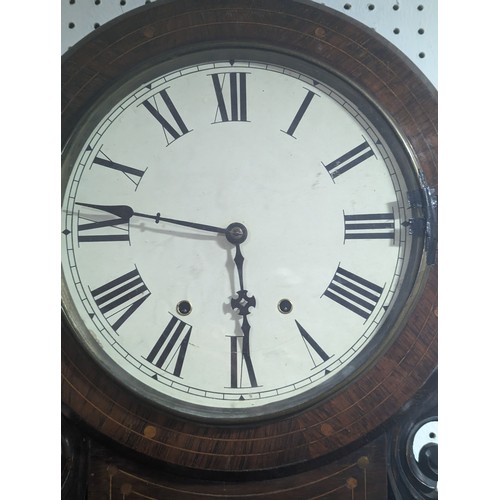 236 - A drop-dial mahogany wall Clock, with decorative inlay, W 42 cm x H 68 cm.