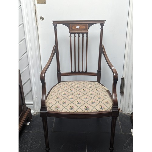 443 - An Edwardian inlaid mahogany open Armchair, W 53.5 cm x H 92 cm x D 49 cm, together with another sim... 