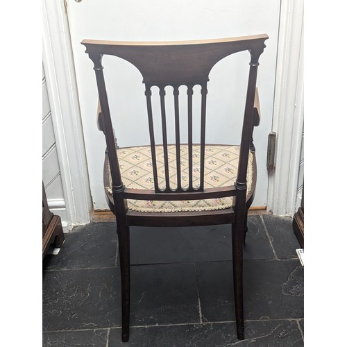 443 - An Edwardian inlaid mahogany open Armchair, W 53.5 cm x H 92 cm x D 49 cm, together with another sim... 