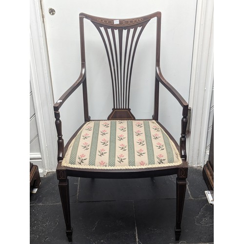 443 - An Edwardian inlaid mahogany open Armchair, W 53.5 cm x H 92 cm x D 49 cm, together with another sim... 