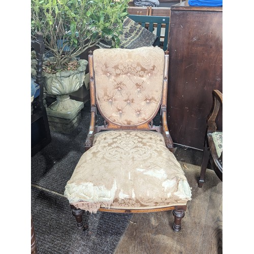 440 - A Victorian mahogany inlaid Nursing Chair, W 57 cm x H 80 cm x D 57 cm, together with an Edwardian i... 