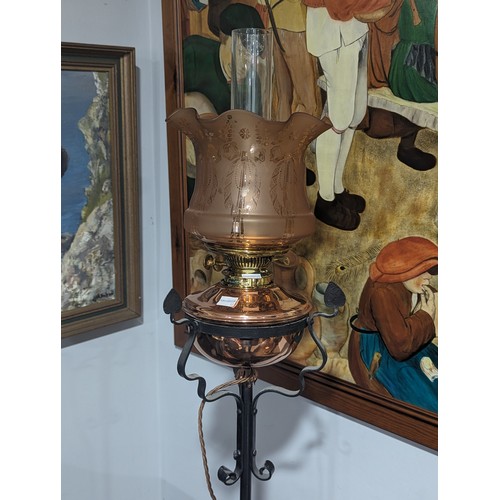 494 - A Victorian wrought iron and copper oil-burner standard Lamp, with Joseph Hinks duplex no.2 burner, ... 