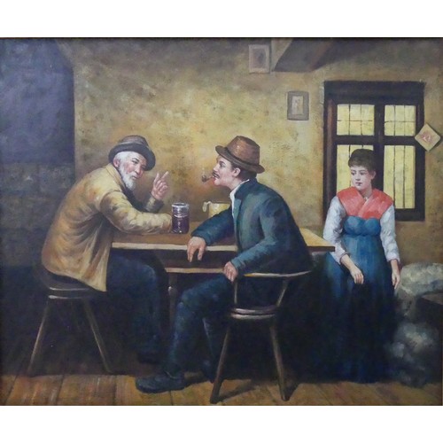 134 - 20th century School, Interior scene with drinkers seated at a table, oil on canvas, 50cm x 61cm, fra... 