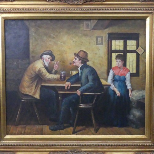 134 - 20th century School, Interior scene with drinkers seated at a table, oil on canvas, 50cm x 61cm, fra... 