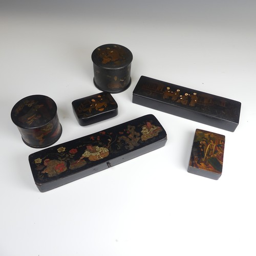 90A - A Chinese black lacquered and painted Pen Box, L 20 cm, together with five other similar black lacqu... 