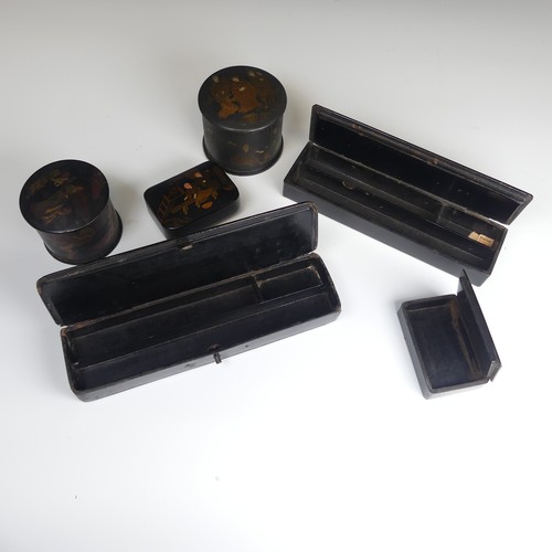 90A - A Chinese black lacquered and painted Pen Box, L 20 cm, together with five other similar black lacqu... 