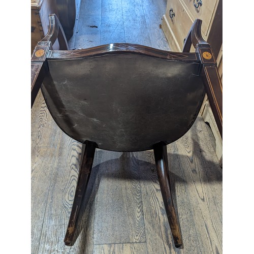 491 - An Edwardian inlaid mahogany tub Chair, W 58 cm x H 75 cm x D 53 cm, together with a carved side / h... 