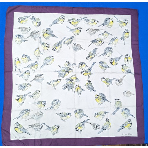 461A - A vintage Hermès silk twill Scarf, `Les Mésanges`, designed by Xavier de Poret depicting blue tits, ... 