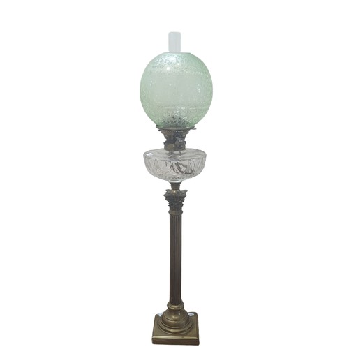 414 - A large late 19thC Oil Lamp, with cut glass font on brass Corinthian column base, with green acid et... 