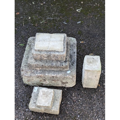 529 - A weathered reconstituted stone Birdbath, raised on plinth base, W 41 cm x H 58 cm x D 41 cm.... 