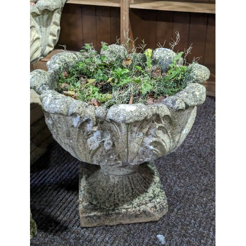 534 - A pair of weathered reconstituted stone garden Urns, W 50 cm x H 40 cm x D 50 cm(2)