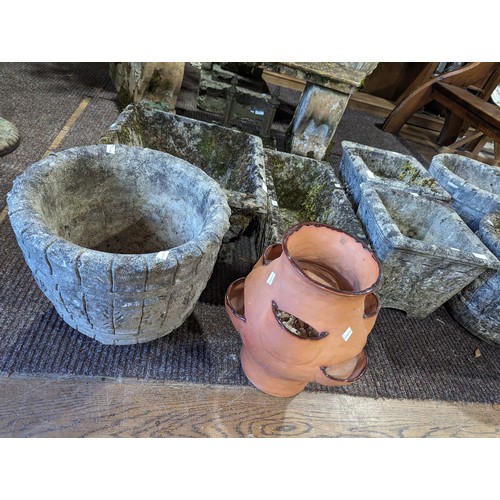 526 - A weathered reconstituted stone square Planter, W 47 cm x H 28 cm x D 47 cm, together with six other... 