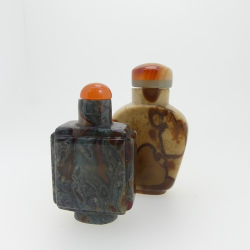 110 - An antique Chinese agate Snuff Bottle, of square stepped form, with coral type stopper, H 6cm, toget... 