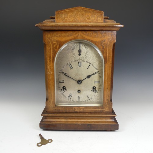 288 - An Early 20th century Edwardian German Mantle Clock, marquetry case and silvered dial, the movement ... 