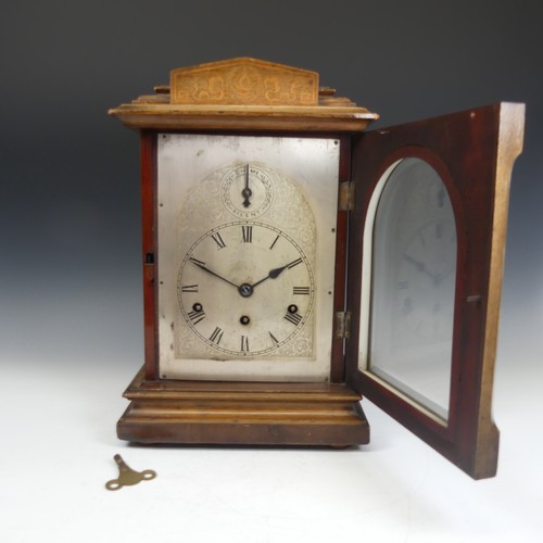 288 - An Early 20th century Edwardian German Mantle Clock, marquetry case and silvered dial, the movement ... 