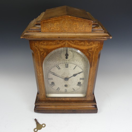 288 - An Early 20th century Edwardian German Mantle Clock, marquetry case and silvered dial, the movement ... 