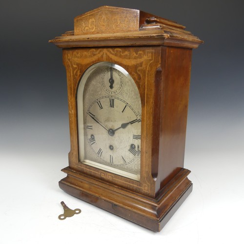 288 - An Early 20th century Edwardian German Mantle Clock, marquetry case and silvered dial, the movement ... 