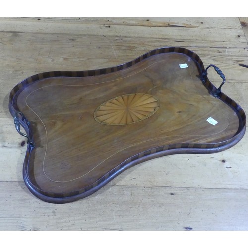 386 - An Edwardian mahogany inlaid galleried twin-handled Tray, the gallery of chequerboard boxwood design... 