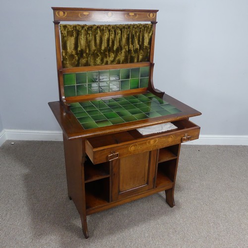 344 - An unusual small Arts and Crafts mahogany Dresser / Washstand, with green tiles and stylised floral ... 