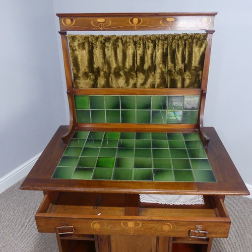 344 - An unusual small Arts and Crafts mahogany Dresser / Washstand, with green tiles and stylised floral ... 