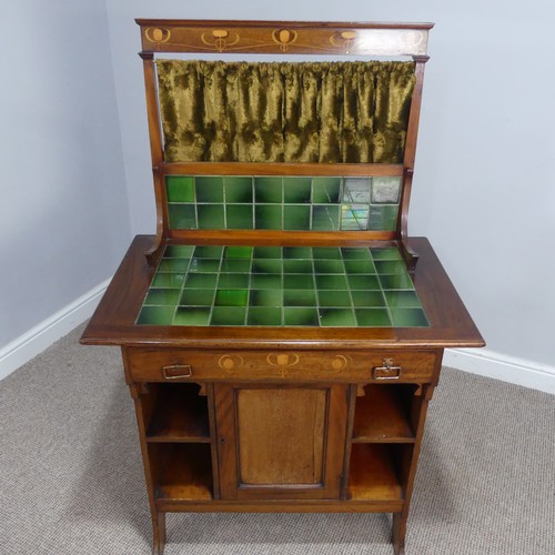 344 - An unusual small Arts and Crafts mahogany Dresser / Washstand, with green tiles and stylised floral ... 