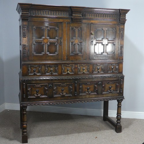 343 - A 19thC Carolean style oak Chest on stand, of large proportions, moulded cornice above two chequer i... 