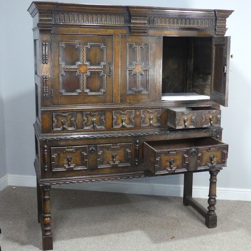 343 - A 19thC Carolean style oak Chest on stand, of large proportions, moulded cornice above two chequer i... 