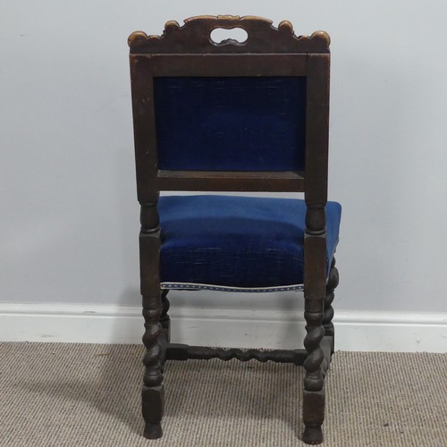 616 - A Set of six Victorian oak Carolean style dining Chairs, carved scroll top above blue upholstered ba... 