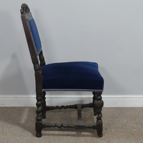 616 - A Set of six Victorian oak Carolean style dining Chairs, carved scroll top above blue upholstered ba... 