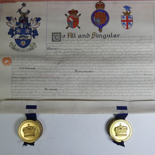 528 - H.M King George V Grant of Arms  illuminated scroll, to Sir James Ellison Haggas (1849-1939), with t... 