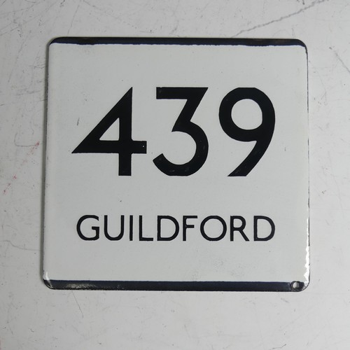 Bus and Coaching Memorabilia; A London Transport enamel Bus Stop E-Plate, Route No. 439 with destination 'Guildford', 13cmx12.5cm.
