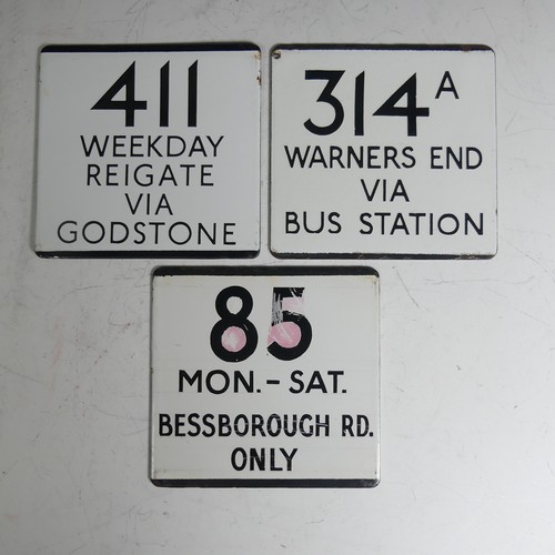 644 - Bus and Coaching Memorabilia; Three London Transport enamel Bus Stop E-Plates, Route No. 411 Weekday... 