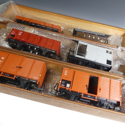 682 - '0' gauge for garden, ten wagons and trucks, various makes, including two L.G.B. Lehmann 4035 DB Kar... 