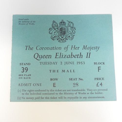 529 - The Coronation of Elizabeth II, Tuesday 2nd June 1953; A blue card ticket for Stand 39 on The Mall, ... 