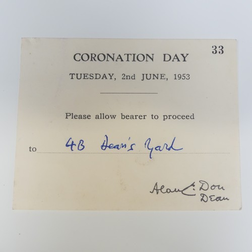 529 - The Coronation of Elizabeth II, Tuesday 2nd June 1953; A blue card ticket for Stand 39 on The Mall, ... 