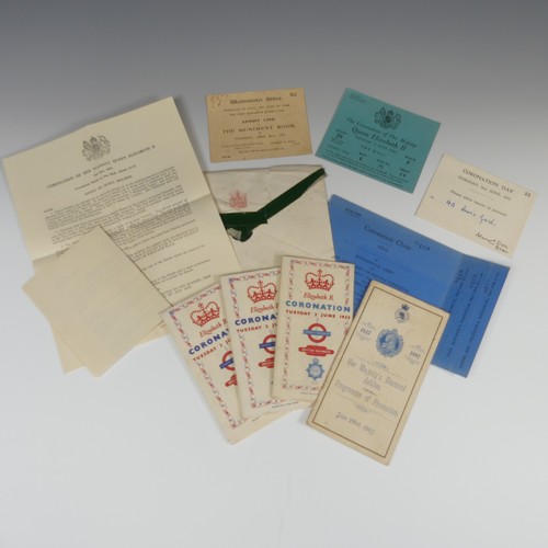 529 - The Coronation of Elizabeth II, Tuesday 2nd June 1953; A blue card ticket for Stand 39 on The Mall, ... 