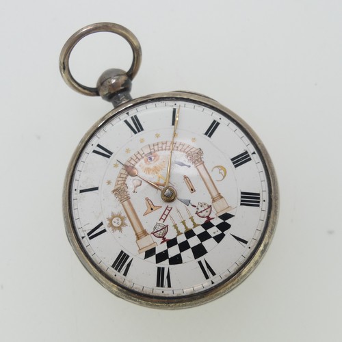 Masonic Interest; An early 19thC silver Pocket Watch, the white enamel dial with Roman Numerals and painted Masonic symbols, fusee movement signed 'Jacob Burgess' and dated 1825, gilt dust cover signed J.Peacock, Macclesfield and numbered 6842, case hallmarked London 1824, 50mm diameter, replacement perspex 'glass' loose, currently running.