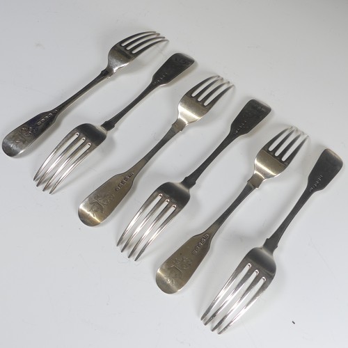 63 - A set of six George IV silver Forks, hallmarked London, 1818, fiddle pattern, with Peile family cres... 