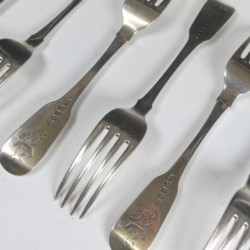 63 - A set of six George IV silver Forks, hallmarked London, 1818, fiddle pattern, with Peile family cres... 