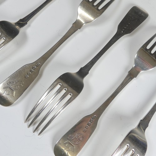 63 - A set of six George IV silver Forks, hallmarked London, 1818, fiddle pattern, with Peile family cres... 