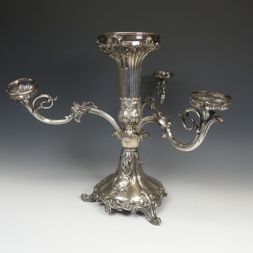 78 - A 19thC silver plated Epergne / Centrepiece, with foliate pierced splayed centre, missing glass, and... 