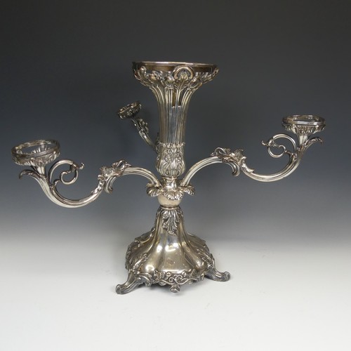 78 - A 19thC silver plated Epergne / Centrepiece, with foliate pierced splayed centre, missing glass, and... 