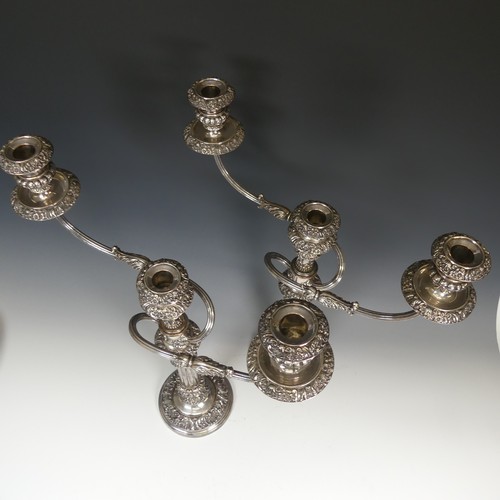 127 - A pair of silver plated three light Candelabra, foliate decoration with scroll arms, approx. 53cm hi... 