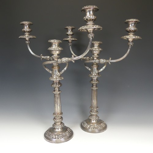 127 - A pair of silver plated three light Candelabra, foliate decoration with scroll arms, approx. 53cm hi... 